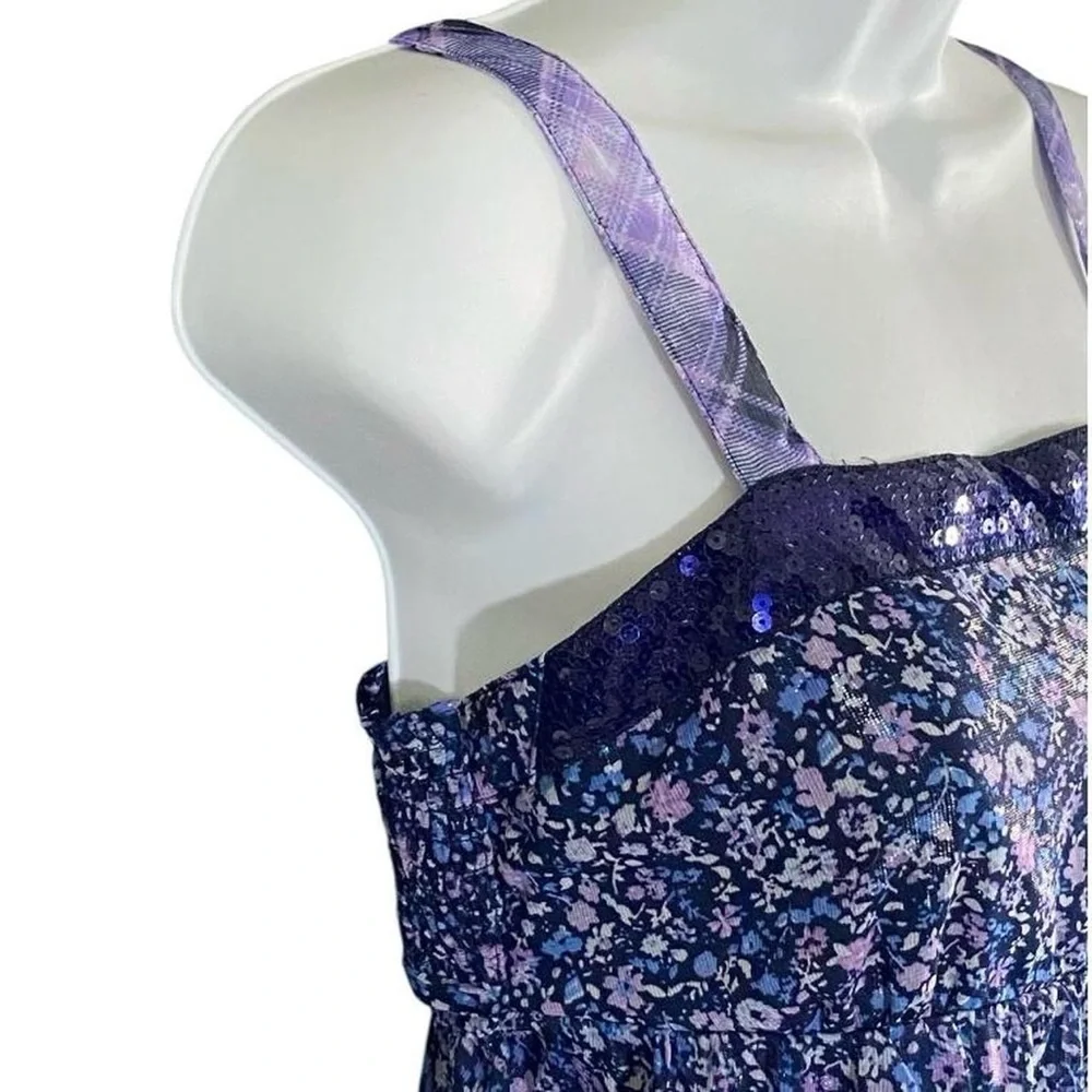 JUSTICE Y2K Fairy Babydoll Top Ditsy Floral Purple Sequin Ruffles Youth Girls 16